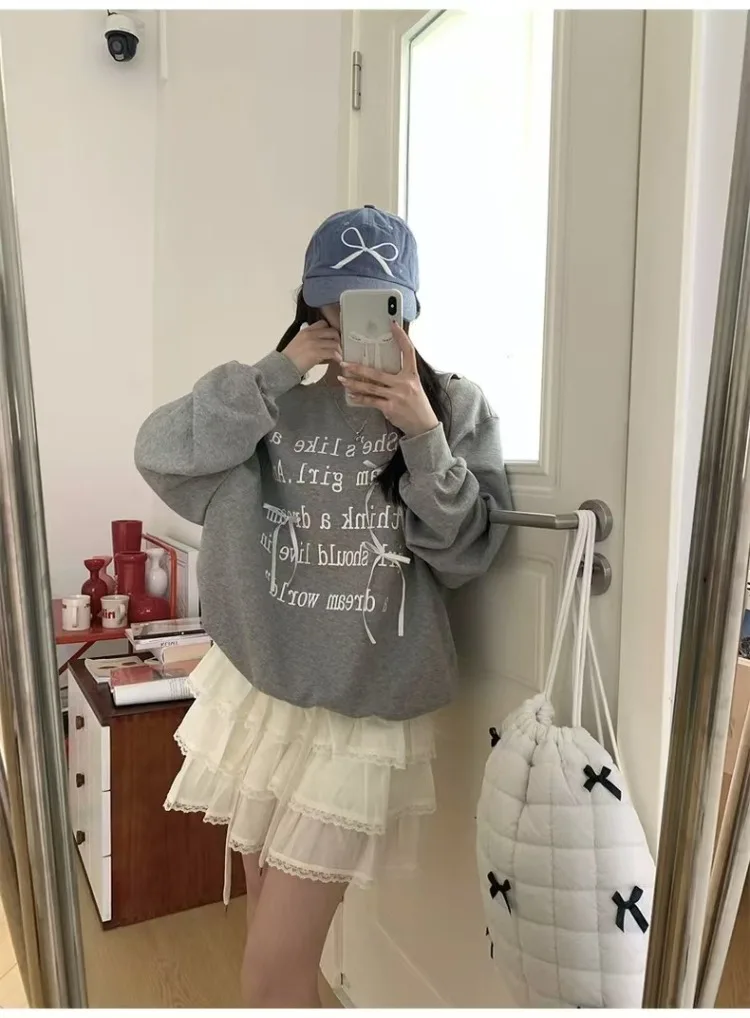 Korobov Autumn Sweatshirts American Casual Letter Printing Three-dimensional Bow Hoodies Hollow Out Women's Clothing Sudaderas