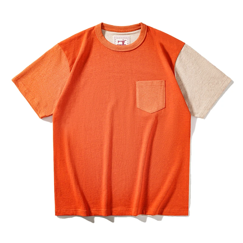 First Release All Cotton Retro Patchwork Contrasting Pocket T-Shirt with College Style Fresh and White Look for Couples
