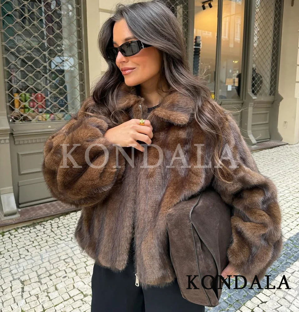 

KONDALA осень-зима полосатая меховая куртка с лацканами тонкая куртка на молнии из искусственного меха женское пальто 2025 модная уличная одежда повседневная женская куртка