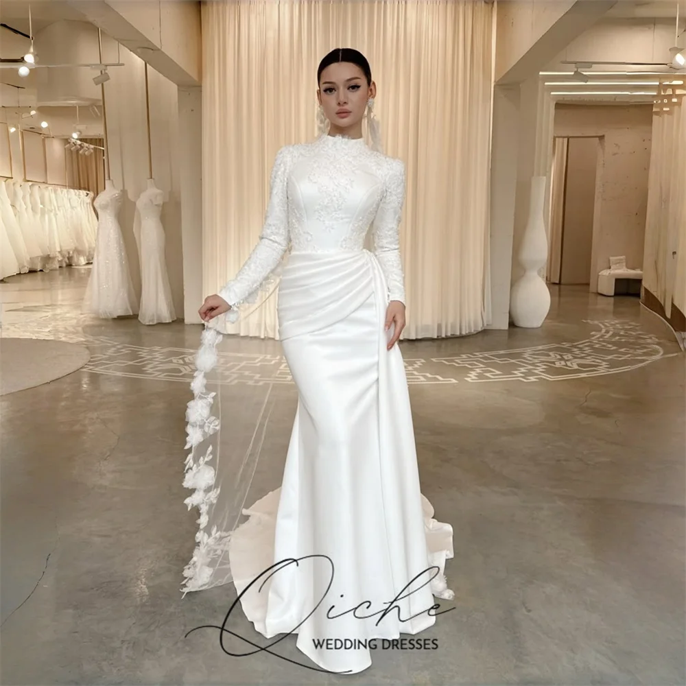 QICHE Vintage Lace Appliqued Muslim Mermaid Wedding Dress 2026 Long Sleeves High Collar Bridal Gown Vestidos De Noiva Customized