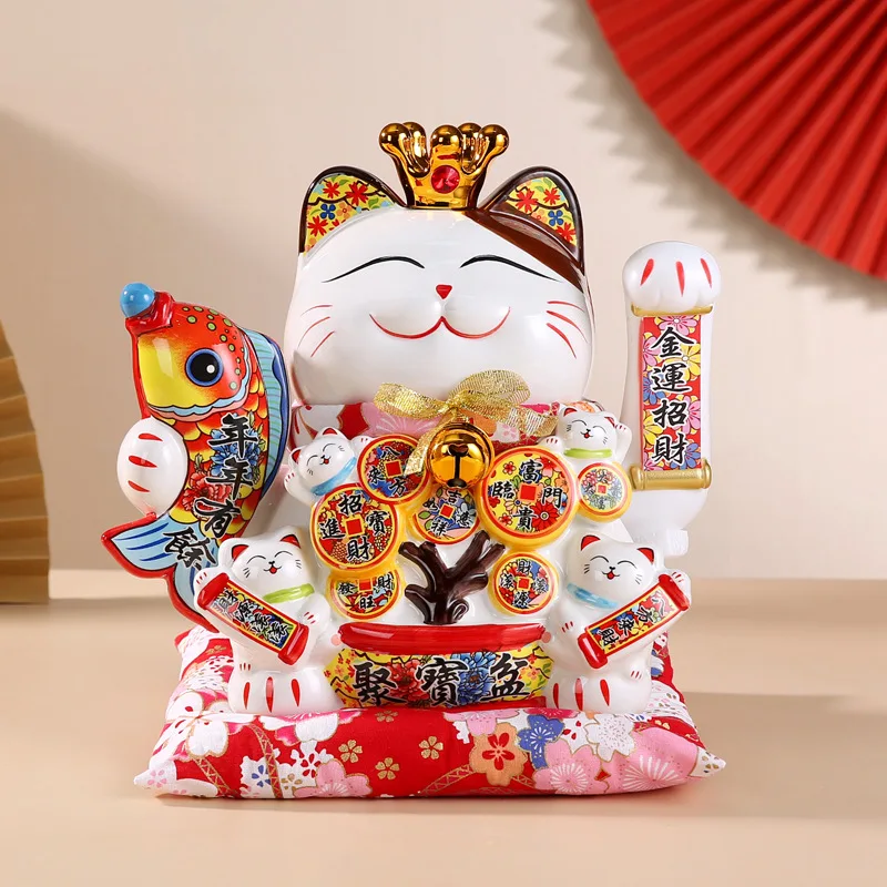 

14 Inch Automatic Wave Hand Ceramic Lucky Cat Ornament Japanese Large Cartoon Cat Decoration Store Opening Gift Home Decoration