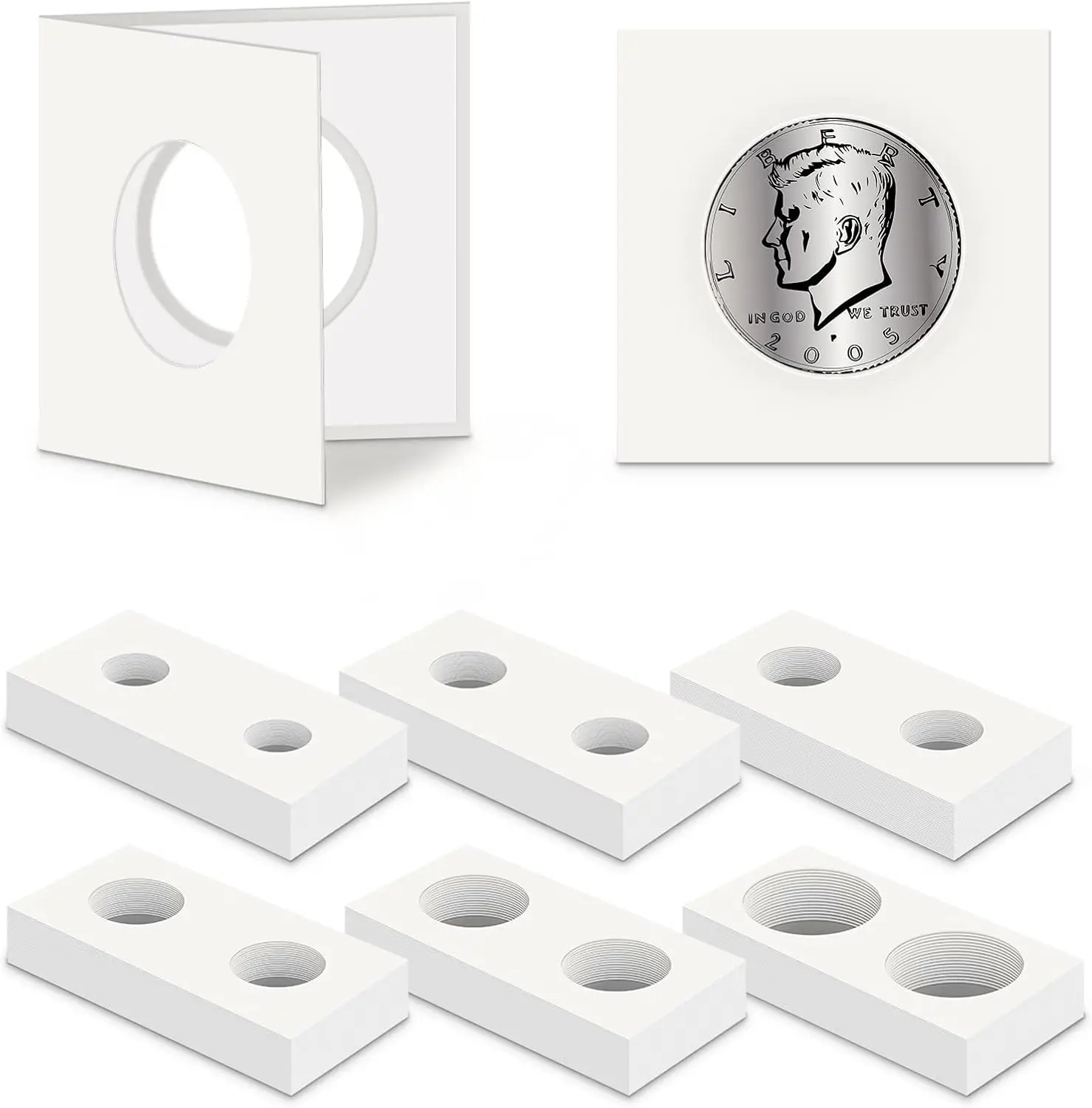 

120 Self Adhesive Coin Holders, 2x2 Cardboard Flips, 6 Assorted Sizes for Collectors