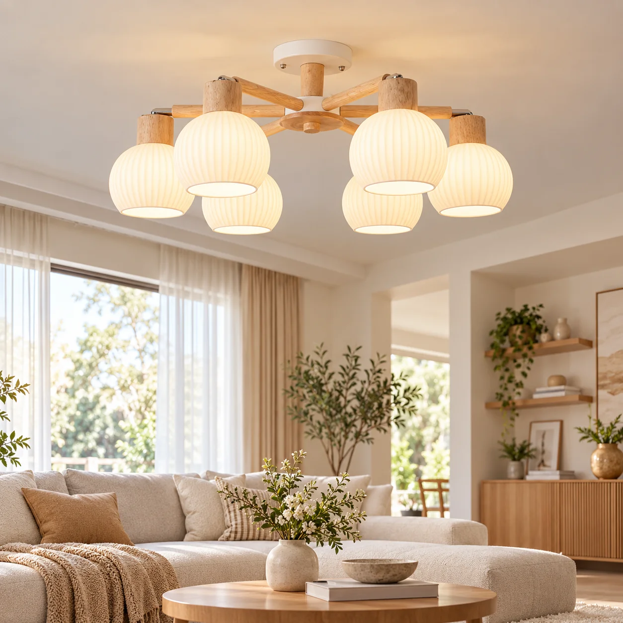 6-Light Wood Ceiling Chandelier, Gold Metal Arm Flush Mount Light, Ribbed Glass Shade Ceiling Lamp for Living Room Dining Room