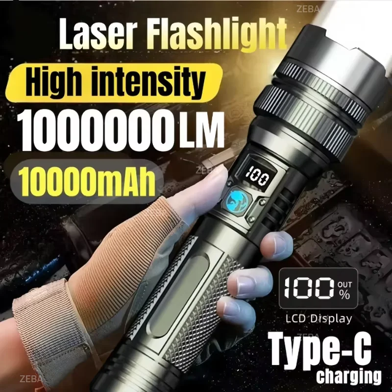hot 2026 1000000LM Super Bright LED Flashlight Rechargeable USB-C Digital Display IPX8 Waterproof Long Lasting Camping Emergency