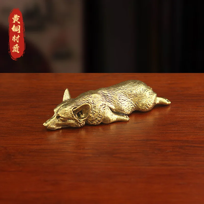 Creative brass Welsh Corgi, solid copper, lying fox figurine, home decor, desk ornament, tea table decoration, unique piece