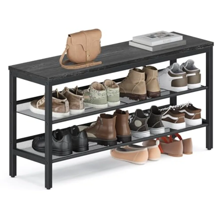 

Трехуровневая скамья-обувница с 1 полкой, матовый черный органайзер для хранения обуви с приподнятыми краями, в индустриальном стиле, простая сборка, 1 шт.