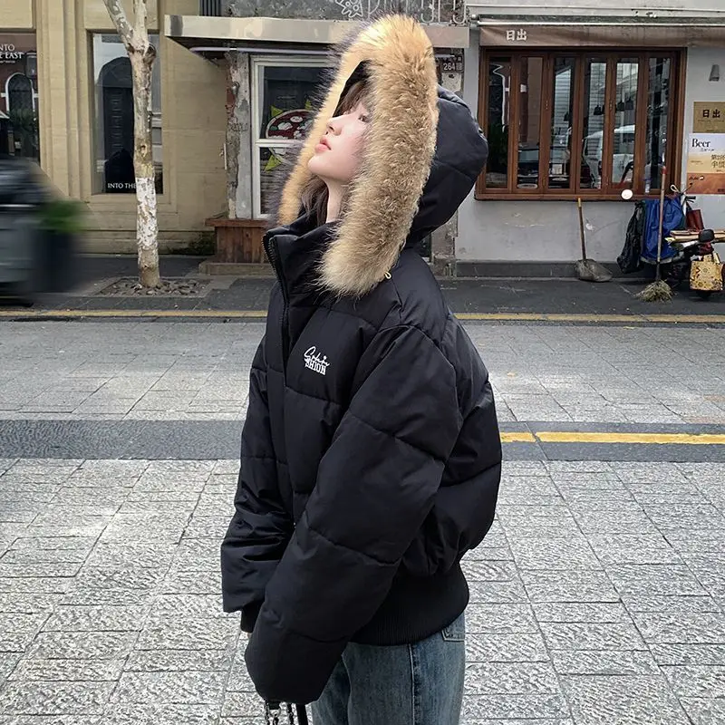 

American Black Retro Large Fur Collar Hooded Zipper Jacket Women Winter Fashion Cotton Coat Warm Slim Cotton-Padded Short Parkas