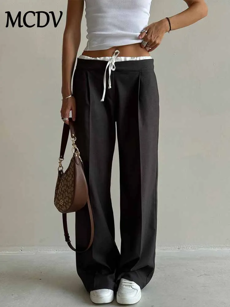 

MCDV Casual Loose Women Pants 2025 Spring Summer New Fake Two Piece Lace Up Design Wide Leg Trouser High Waist Office Lady Pants