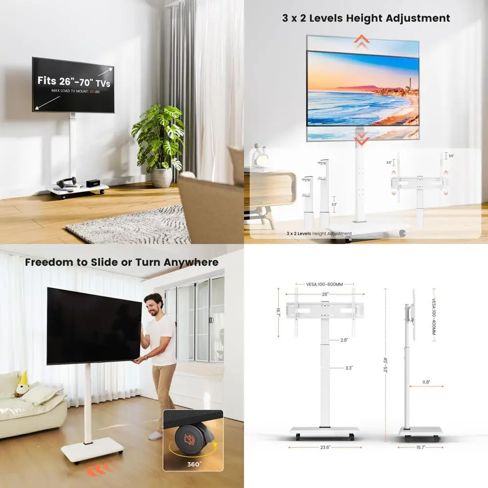 

Регулируемая подвижная подставка для телевизоров с диагональю 26-70 дюймов, выдерживает до 88 фунтов, 25 ° Поворотное кресло с 6 уровнями регулировки высоты для идеального обзора в офисе, H