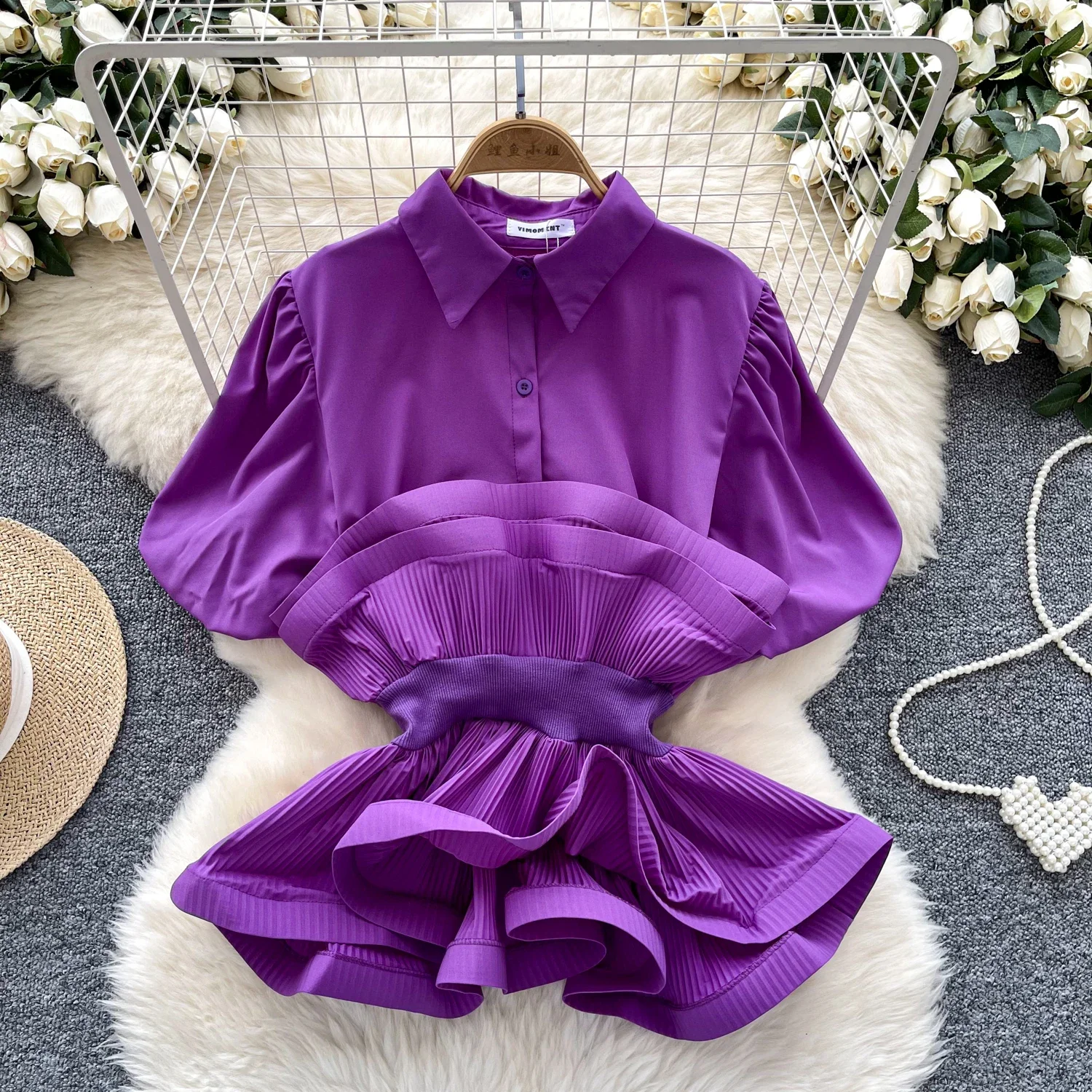 Vintage Short Puff Sleeves Elegant Polo-neck Chic Ruffles Slim Top French Fashion Streetwear Spring Autumn High Street Blouse