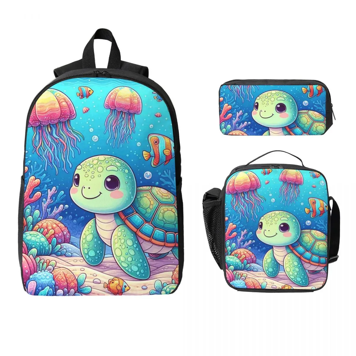 Cute Sea Turtle Pattern Cartoon Backpack Student BookBag School Bag Computer Shoulder Bags 3ps Insulated Lunch Bag Pencil Case