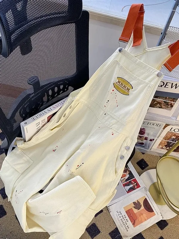 Macacão jeans retrô americano feminino primavera verão novo sle tamanho pequeno roupa de trabalho perna reta macacão de perna larga