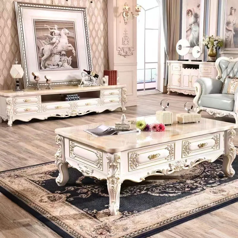 European Coffee Table TV Cabinet Combination Marble Coffee Table Floor  Set Living Room French Furniture Ivory White Tea Table