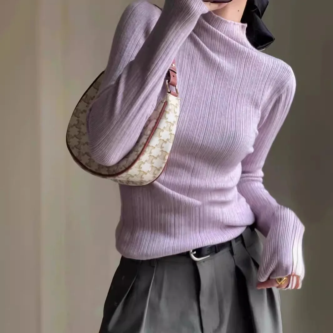 

Вязаные пуловеры с длинными рукавами для женщин, элегантные повседневные тонкие джемперы, осень-зима, однотонные теплые базовые свитера с высоким воротником 2025