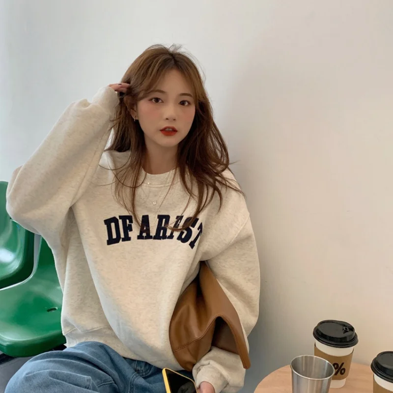 Jhjn nova mulher sweatshirts o-pescoço carta hoodies manga longa coreano casual pullovers all-match solto popular feminino agasalho