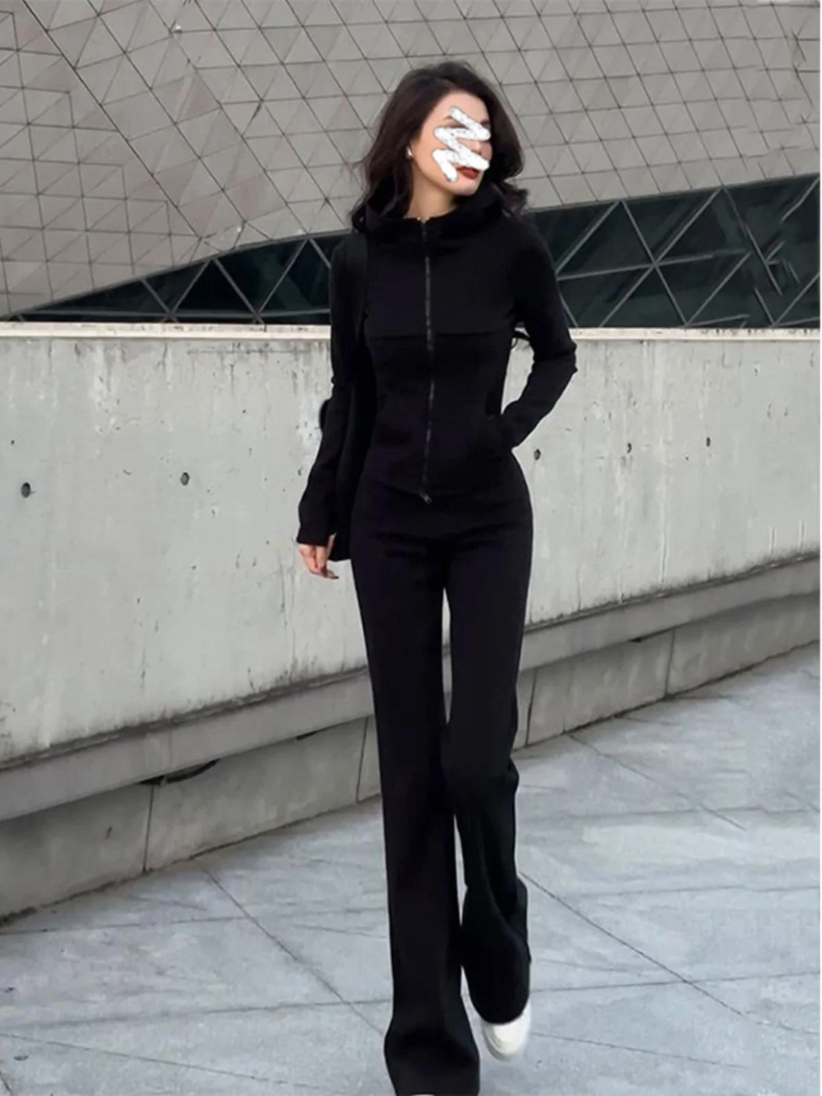 

Faionable Spor Women's Set High Waist Flared Pants Hoodie Slimming Two Piece Suit Spring Season Casual Wear Polyester Fiber