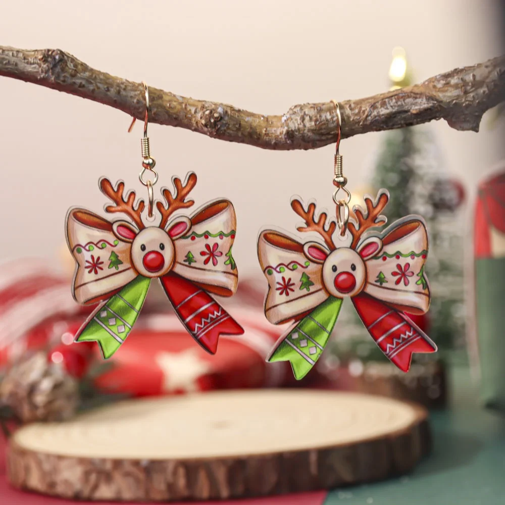Fashion 2026 New Year's Eve Digital Acrylic Earrings Christmas Bow Earrings Ear Accessories for Women Girls Party Jewelry Gift