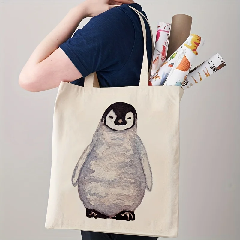 Kawaii Penguin Pattern Canvas Tote Bag, Simple Lightweight Storage Bag, All-Match Shopper Bag