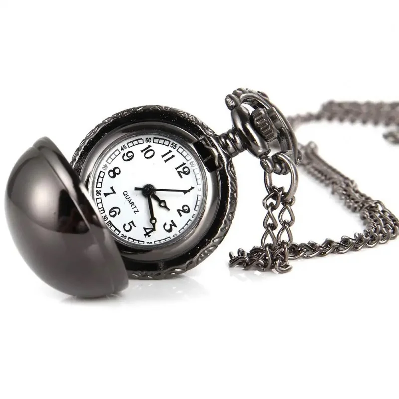 Reloj de bolsillo de cuarzo con movimiento japonés esférico negro de tamaño pequeño, collar de moda, reloj de bolsillo con borde de bola, transparente para pérdida