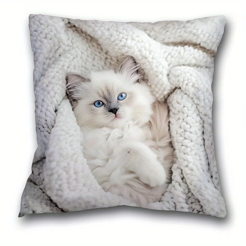 1pc Ragdoll Kitten in Blanket Printed Throw Pillow Cover, Suitable for Sofa, Bedroom, Living Room, a Healing Gift for Cat Lovers