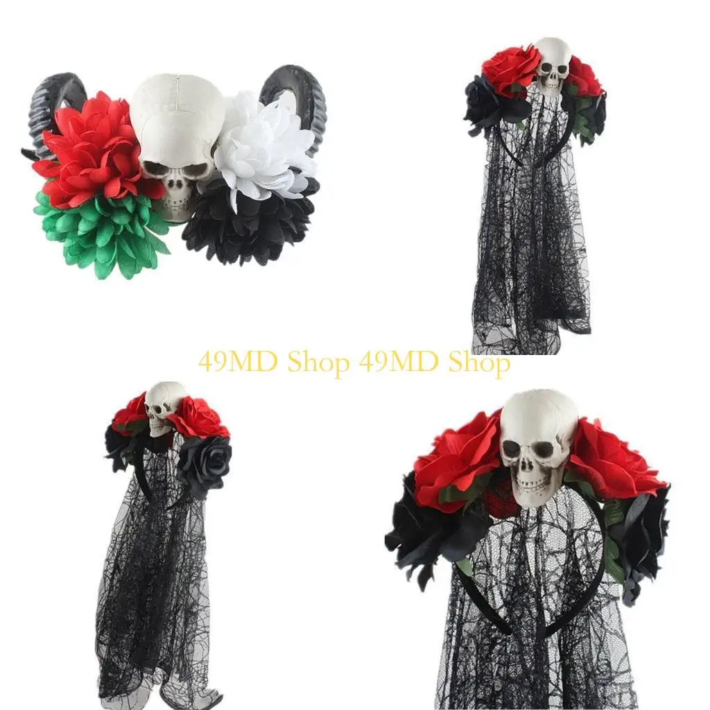 

49MD Женская повязка на голову с искусственным розовым цветком и черепом на Хэллоуин с черной кружевной вуалью