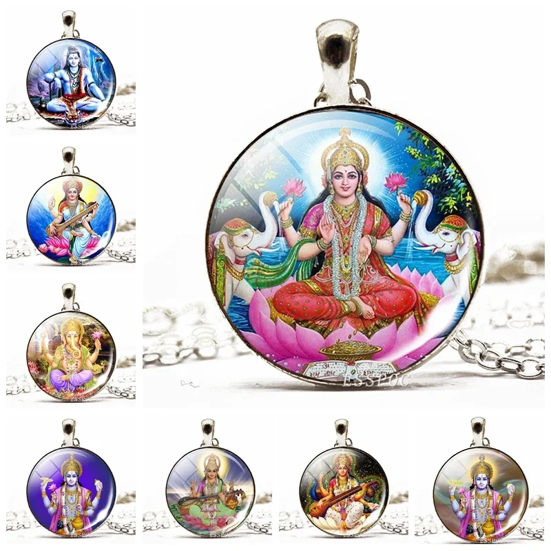 Indian Buddhism Ganesha Shiva Picture Glass Cabochon Pendant  Long Choker Sweater Chain Necklace Gift for Women