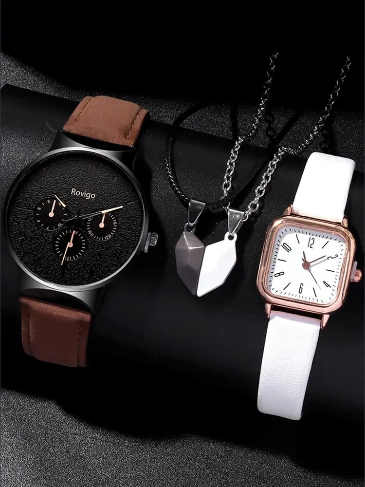 4pcs Fashion Versatile Creative Personality Men and Women Couple Watch Love Pendant Necklace Combination Set Quartz Watch