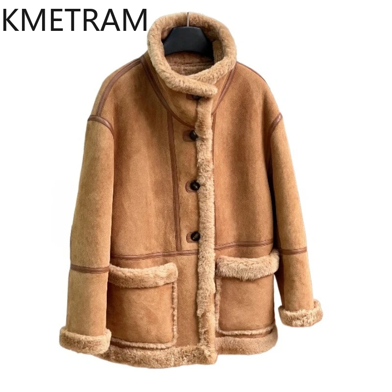 

KMETRAM Natural Sheepskin with Wool Attached Coat Vintage Mid Length Real Fur Jacket Woman Clothing Winter New in Coats Fourrure