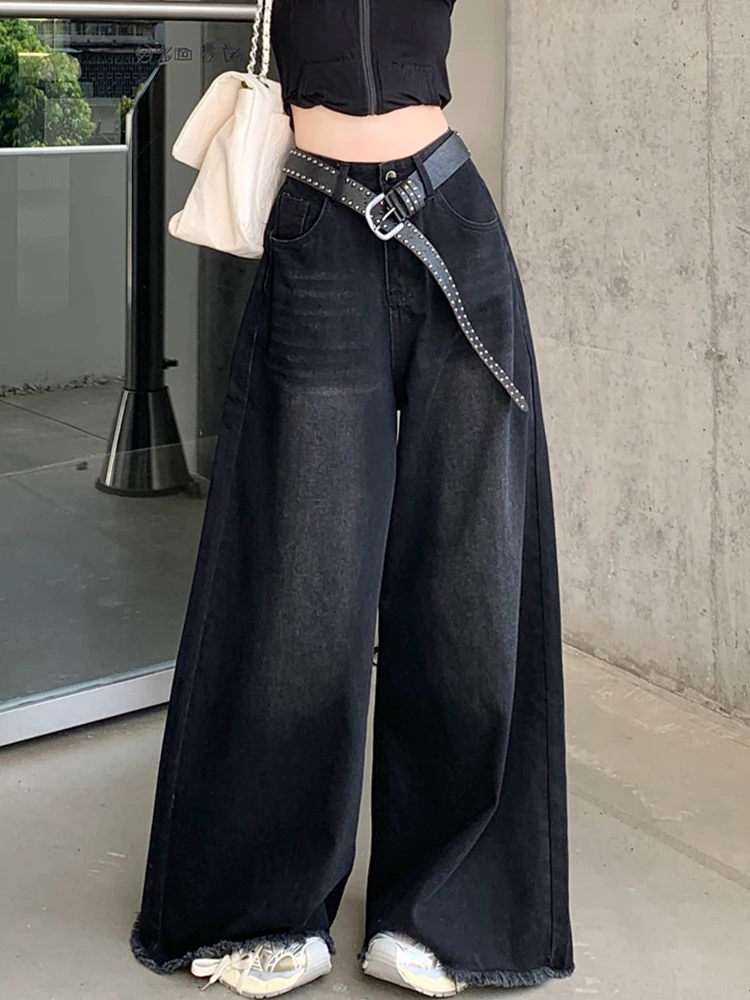 

Goth Black High Waist Jeans Tassel Ripped Boyfriend Oversized Denim Pants Wide Leg Mom Jeans Harajuku Loose Casual Trousers