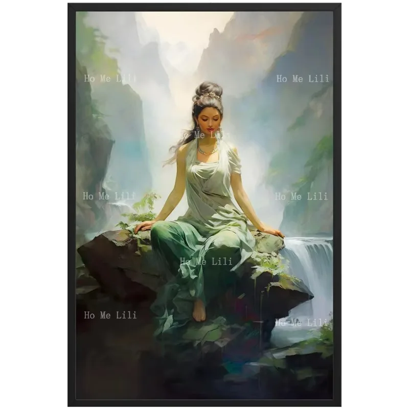 Bodhisattva Tara verte, protecteur et sauveur de la compassion contre les souffrances, montagnes et cascade, art mural sur toile, décoration pour la maison