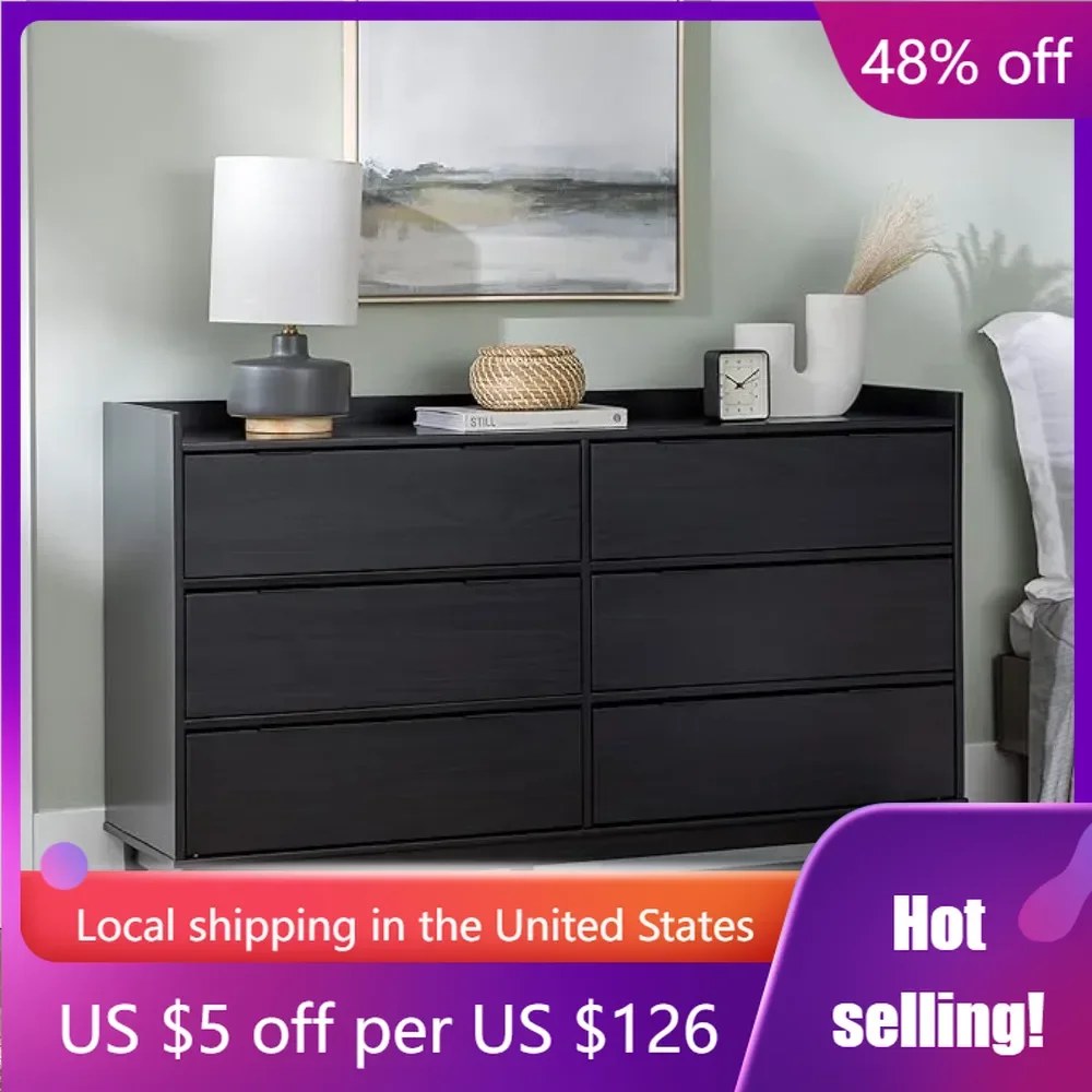 55 Inch Makeup Vanity Desk Polay Modern Solid Wood 6-Drawer Dresser With Gallery-Top Dressers for Bedroom Black Freight Free