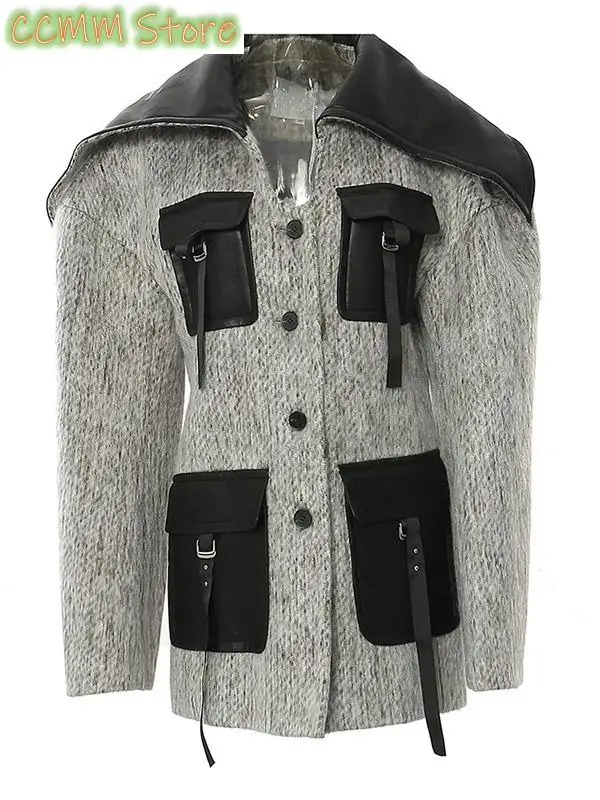 Gray Pocket Color-block Big Size Woolen Coat New Lapel Long Sleeve Women Jacket Fashion Tide Autumn Winter