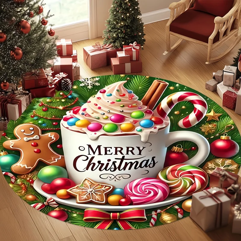 Christmas Hot Cocoa Cup Round Area Rug,Gingerbread Candy Printed Circular Floor Mat Merry Xmas Holiday Indoor Home Decor