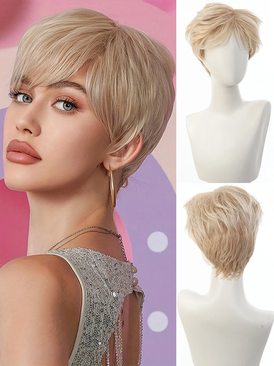 

3-дюймовый золотистый короткий парик с прямыми волосами для женщин, из синтетического волокна, полностью машинной работы, для повседневного использования и косплея, аниме, вечеринок