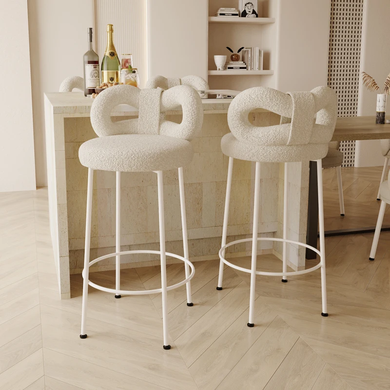 Modern Bar Stools Scandinavian Counter Height Chair Minimalist Kitchen Island Seat Lamb Wool Backrest Stool for Home & Cafe