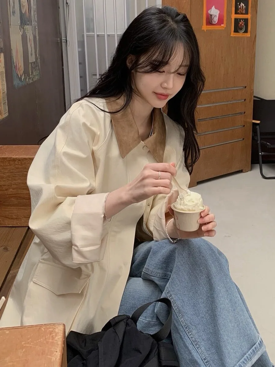 Retro American Spliced Color Coat Women's Autumn Korean Style Drawstring Waist Slimming Jacket Top Zipper Sleeve Regular Length
