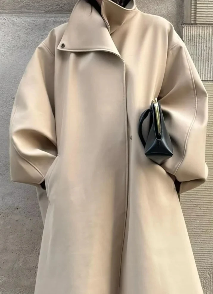 سترة واقية سيدة الخريف Highstreet JacketFashion الكاكي طويل خندق معطف المرأة عادية التلبيب الوقوف طوق واحدة الصدر فضفاضة #4