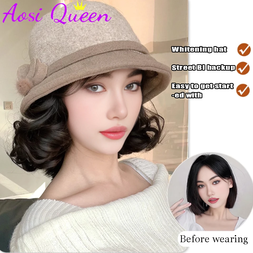 AOSI Synthetic Hat Wig Integrated Autumn And Winter Fashionable Woolen Hat Thickened Warm Fisherman Hat Lazy Short Curly Wig Hat