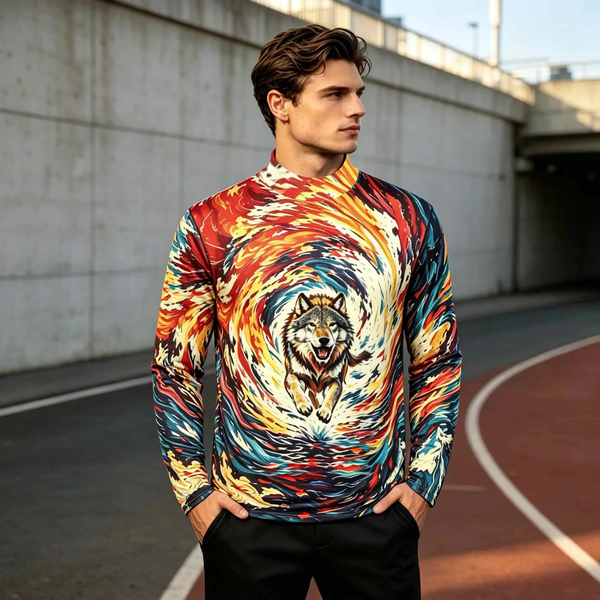 Men's Colorful Swirl Vortex Wolf All‑Over Print Mock Neck Long Sleeve Shirt Stretch Slim Fit Casual Fashion Streetwear Tops