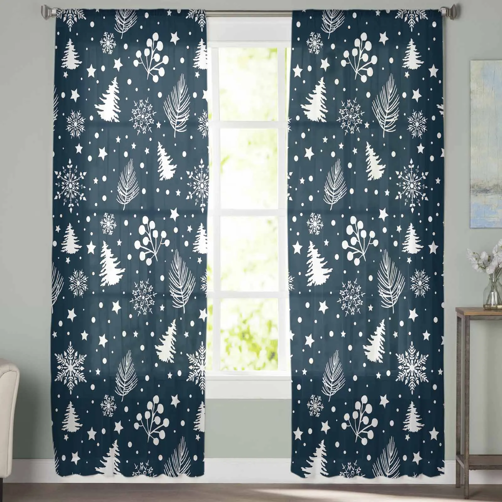 Hand Drawn Pine Needles  The Sea Sheer Curtains for Living Room Bedroom Home Hotel Coffee Decor Chiffon Tulle Curtains