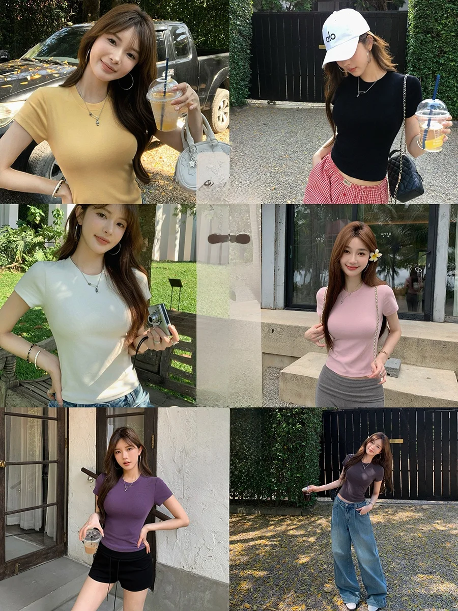 

Ibell Zhang American Sle Elastic Cotton ort Sve круглая футболка чистого цвета женский простой цветной топ