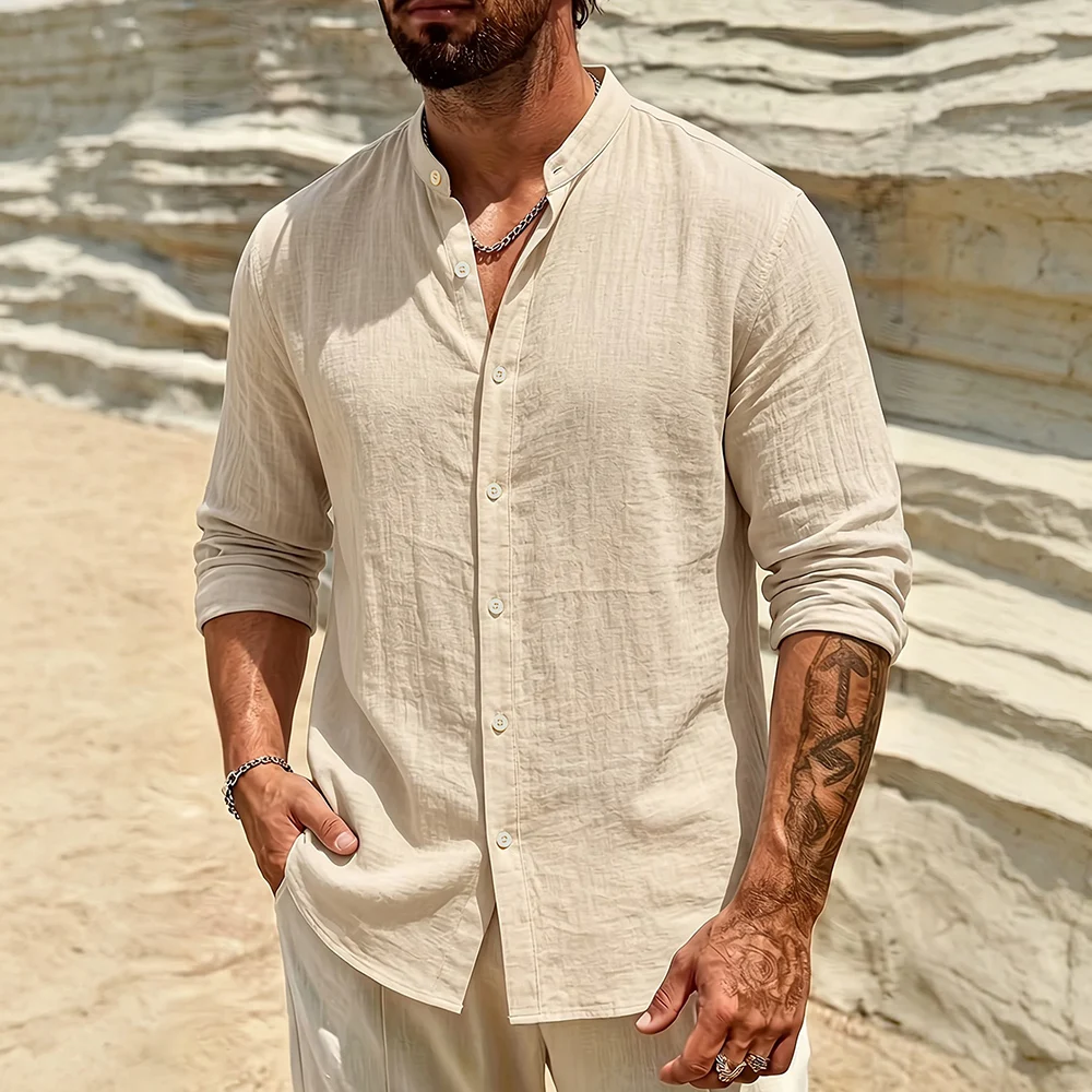 Men's Long Sleeve Shirt Casual Solid Color Stand Collar Cotton Linen Lightweight Loose Fit Single Breasted Male Classic Tops