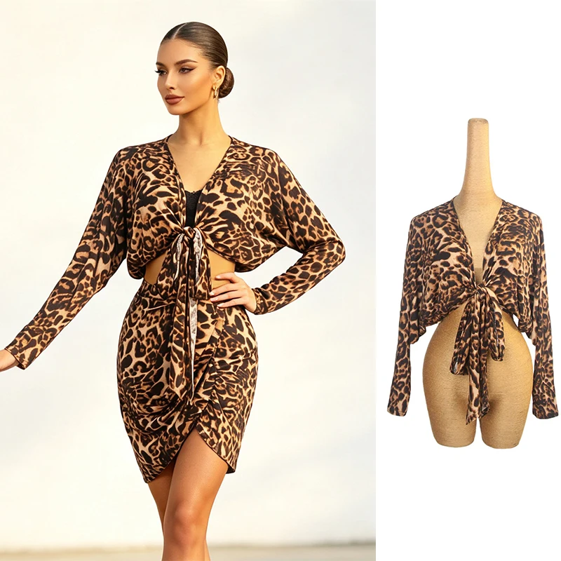 New Latin Dance Training Costume Loose Leopard Print V-neck Smock Top Practice Costume Chacha Rumba Tango Dress Wear DQL13012