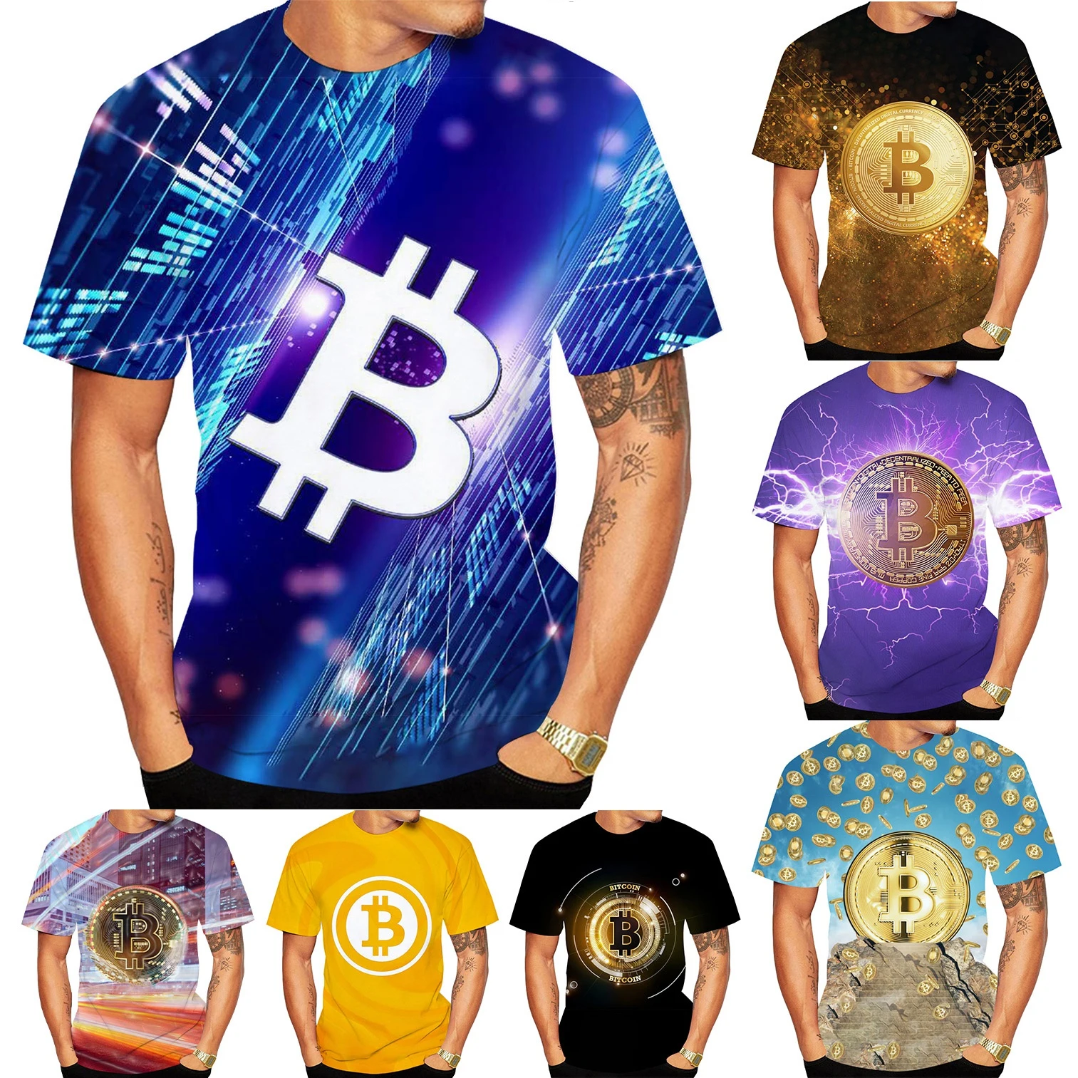 Newest Men's 3D Bitcoin Urban Night Print T-Shirt, Crew Neck Short Sleeve Slim Fit Casual Crypto Tops