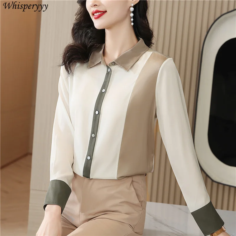 Three Color Patchwork Shirt Women's Fashion Temperament Tops Single Breasted Lapel Blouse for Ladies Long Sleeves Chemise Femme