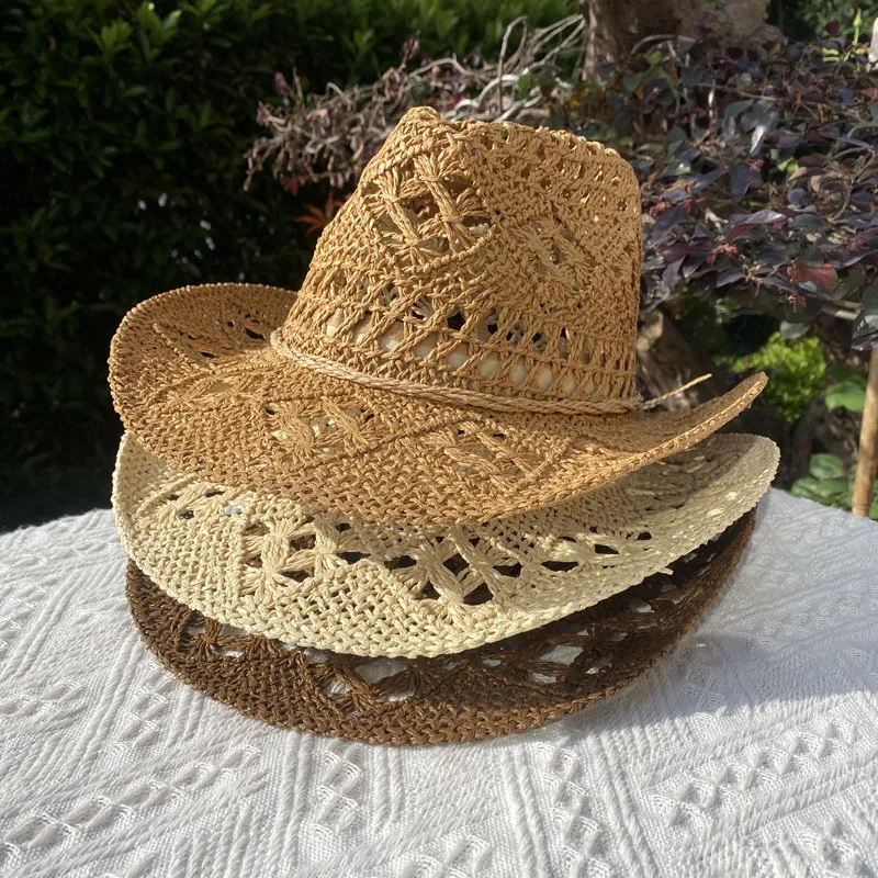 Straw Hat for Women Men Summer Handmade Classic Vintage Hollow Out  Western Curled Wide Brim Sun Hat Fishing Hat Climbing Cap