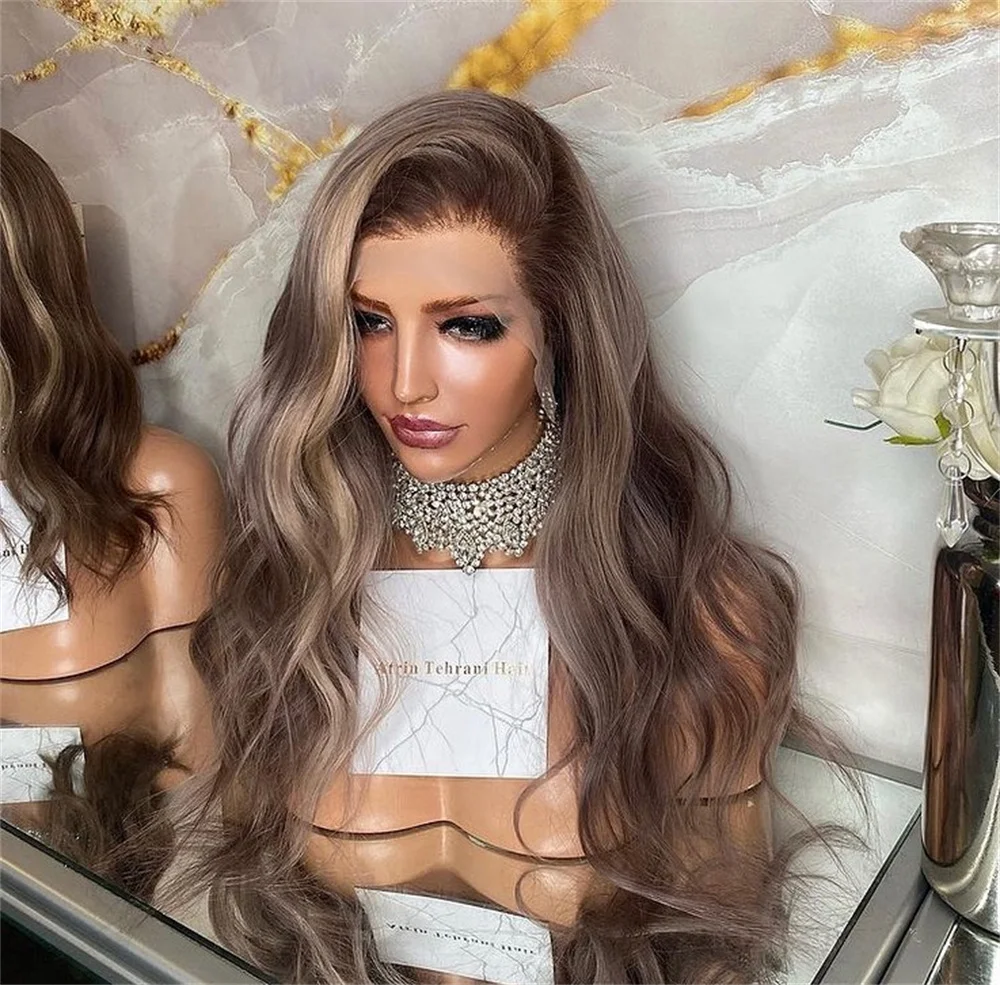 

Длинные волнистые синтетические 13x4 коричневые парики фронта шнурка 26 дюймов Объемная волна Пепельно-коричневый парик Термостойкое волокно Волосы Ежедневное использование