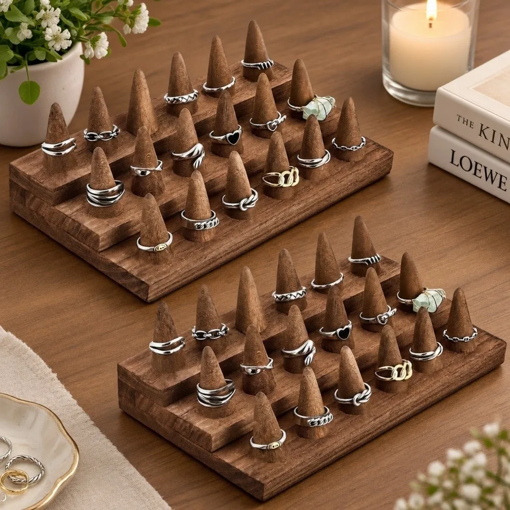 12 /18 Fingers Wooden Finger Ring Display Stand Wooden Cone Shape Jewelry Ring Display Holder Storage Rack 2/3 Tiers