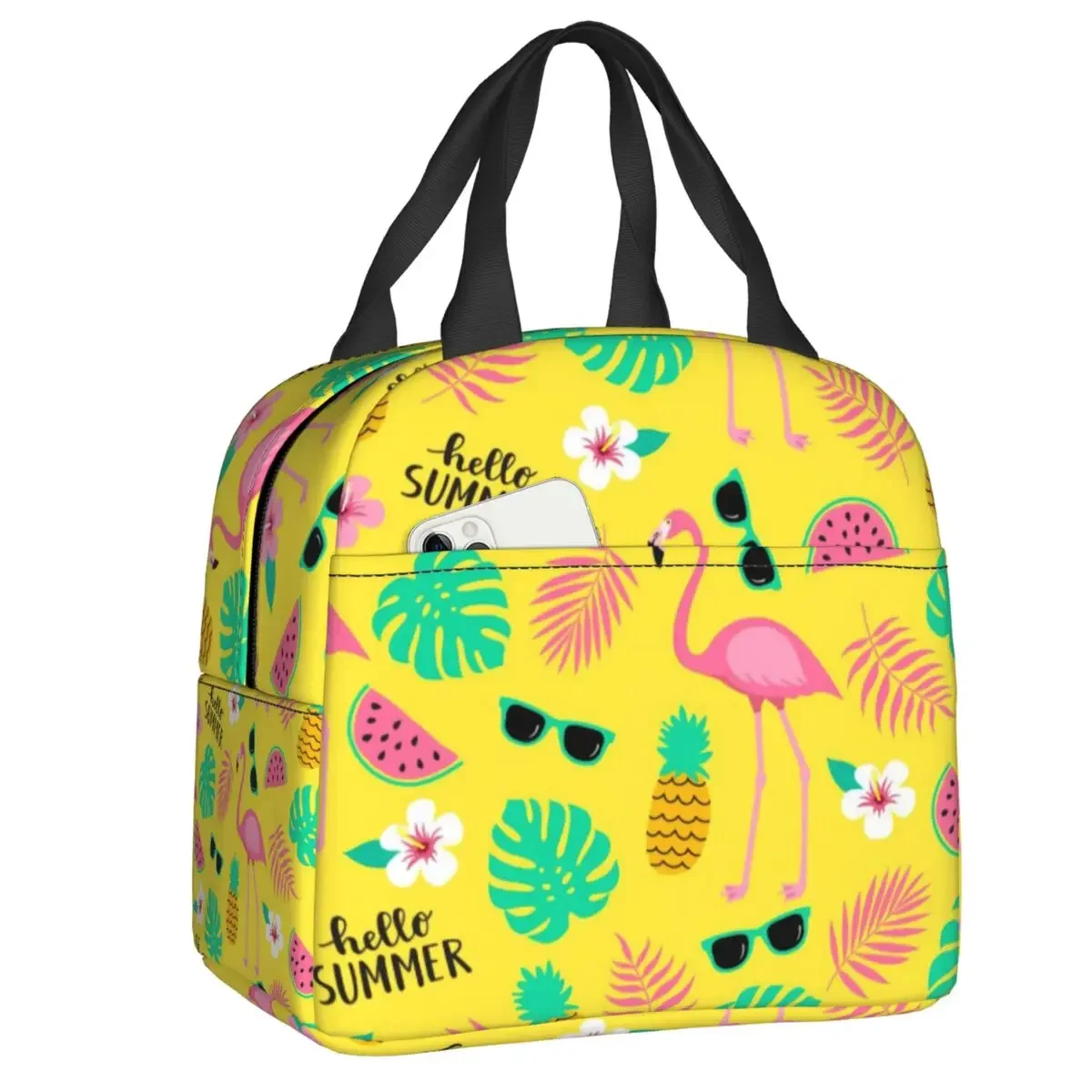 

Flamingos And Palm Leaves Insulated Lunch Box for Women Tropical Pineapple Pattern Cooler Thermal Lunch Bag Food Picnic Tote Bag