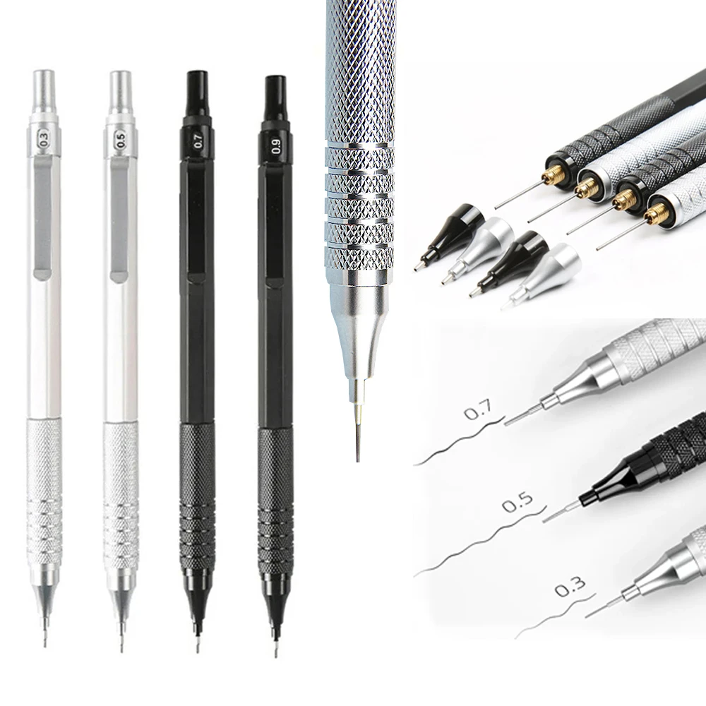 0.3 0.5 0.7 0.9 2.0mm Drawing Automatic Pencils Low Center of Gravity Retractable Nib Metal Mechanical Pencil with Eraser
